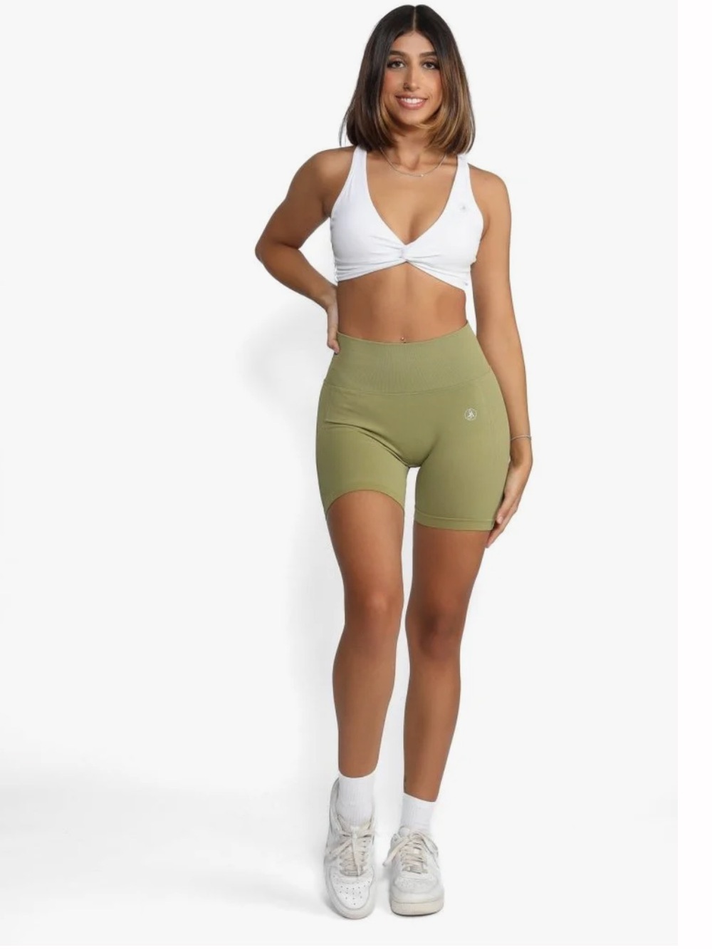 Allure High Waisted Sculpting Gym Bike Spandex Shorts - Olive Green - Size Med